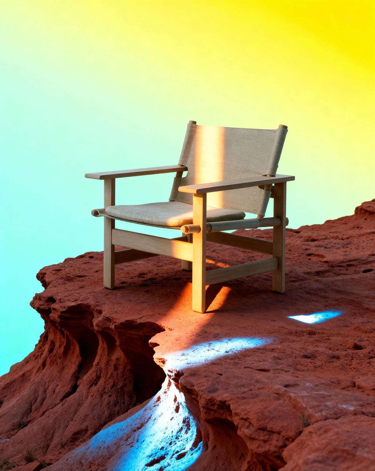 a wooden chair sitting on top of a rocky cliff