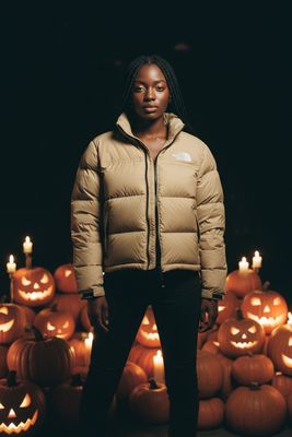 a woman standing in front of a pile of pumpkins