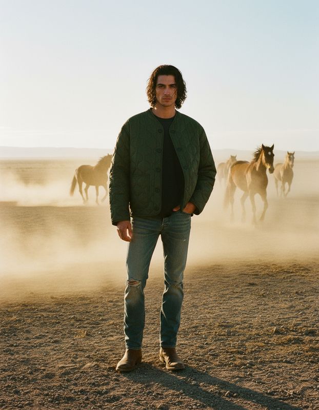 a man standing in front of a herd of horses