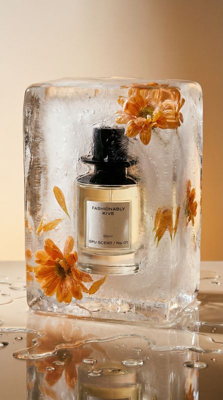 a bottle of perfume sitting on top of an ice block
