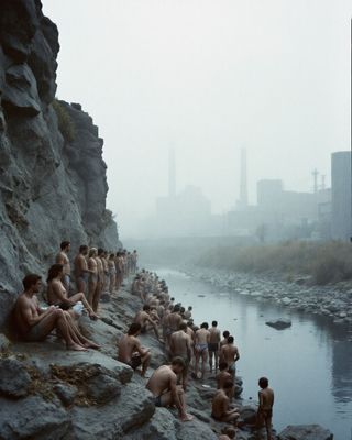 a group of naked men sitting on rocks next to a river