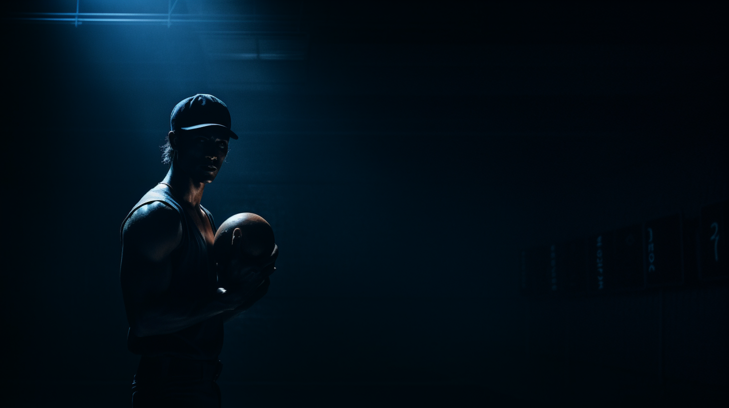 a man holding a basketball in a dark room