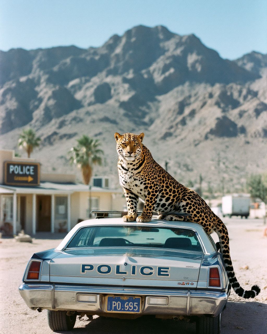 a leopard sitting on top of a police car