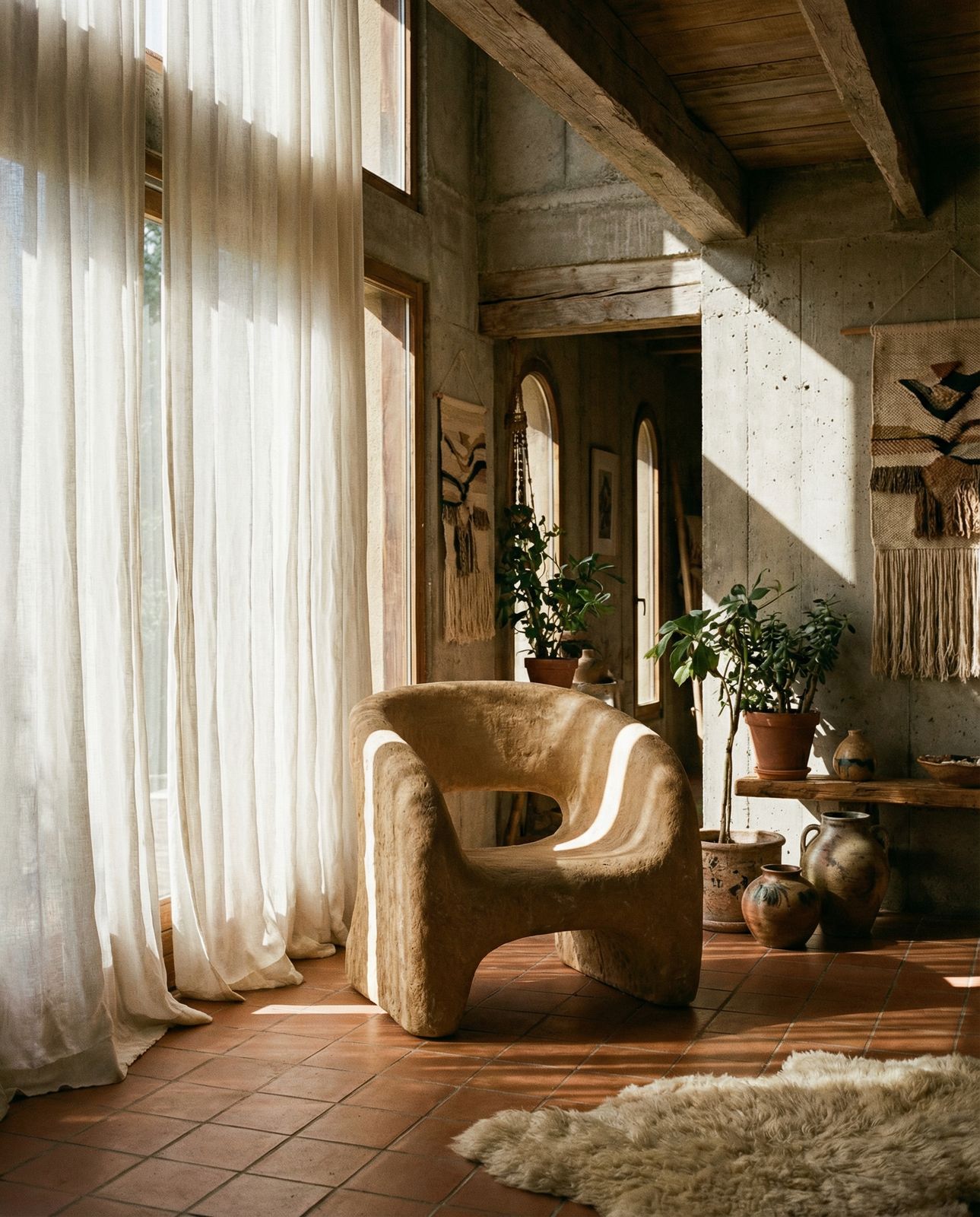 a living room filled with furniture and a large window