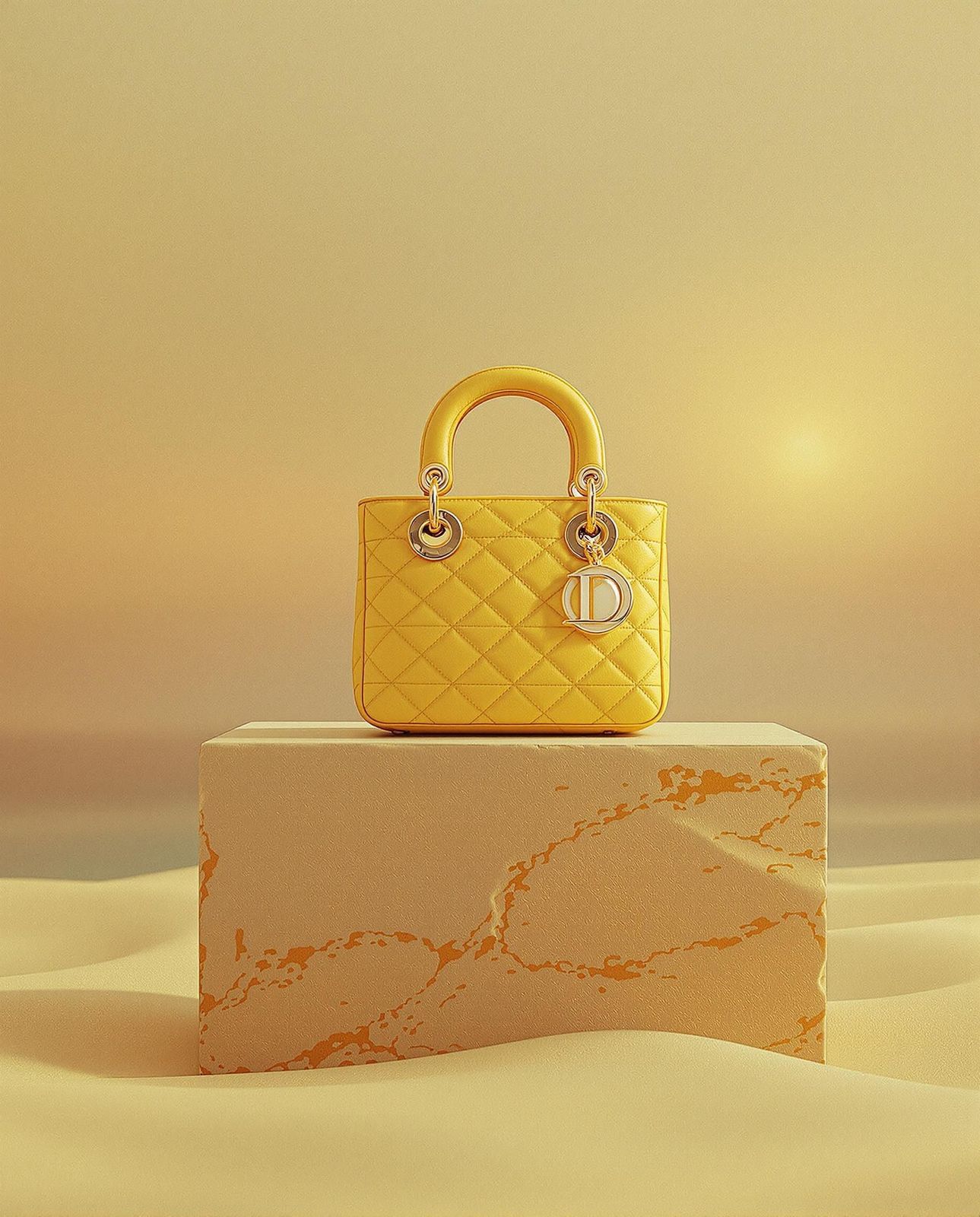 a yellow purse sitting on top of a white block