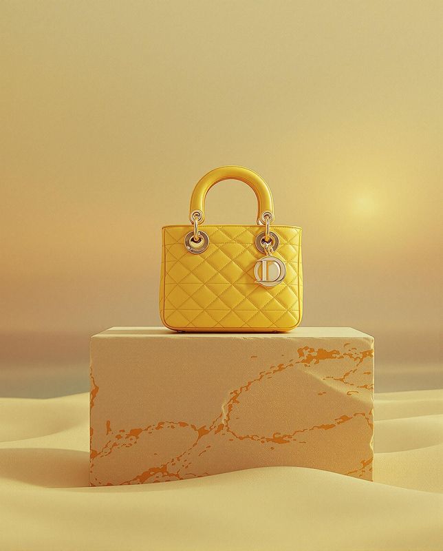 a yellow purse sitting on top of a white block
