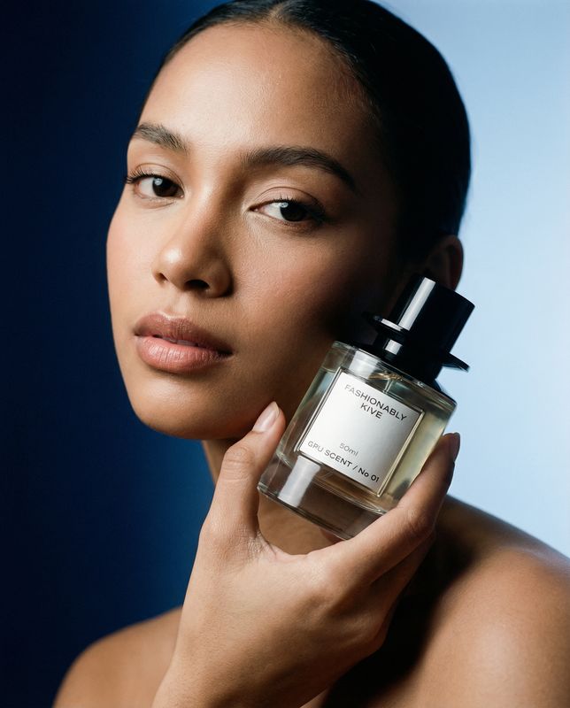 a woman holding a bottle of perfume in her hand