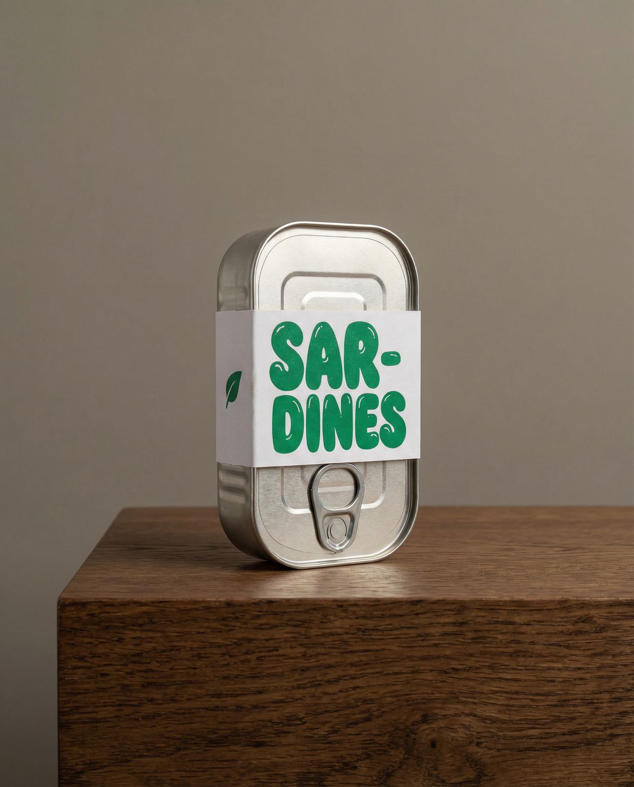a can of sar dines sitting on top of a wooden table