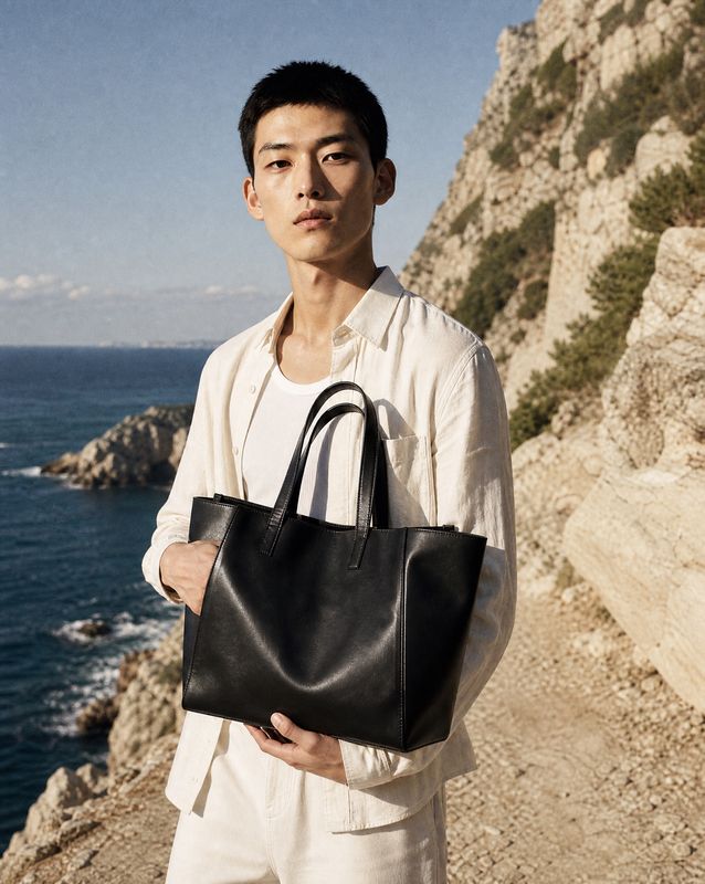 a man holding a black leather bag by the ocean
