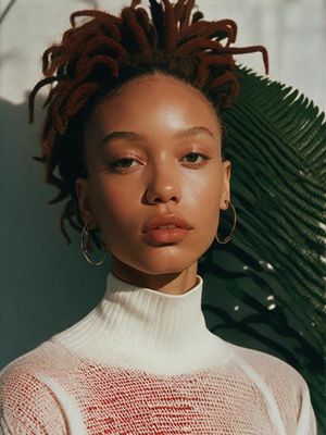 a woman with dreadlocks standing in front of a plant