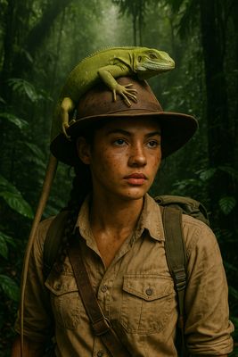 a woman in a hat with a lizard on her head