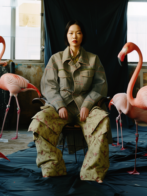 a woman sitting on a chair in front of flamingos