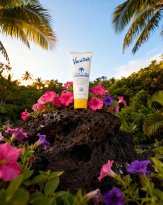 a tube of sunscreen sitting on a rock surrounded by flowers