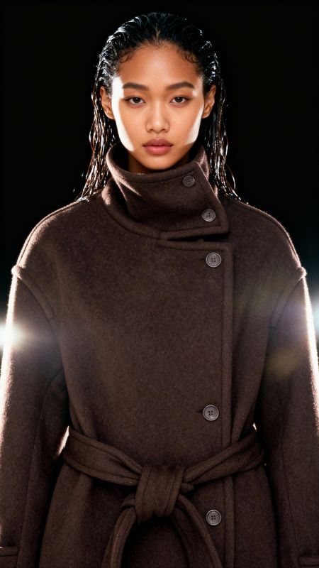 a woman in a brown coat and a black background