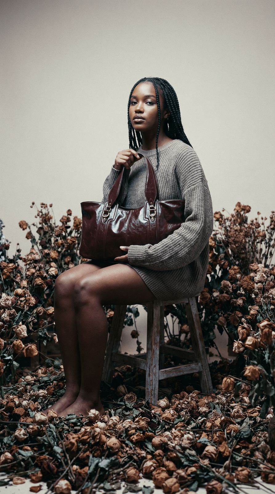 a woman sitting on a stool holding a purse