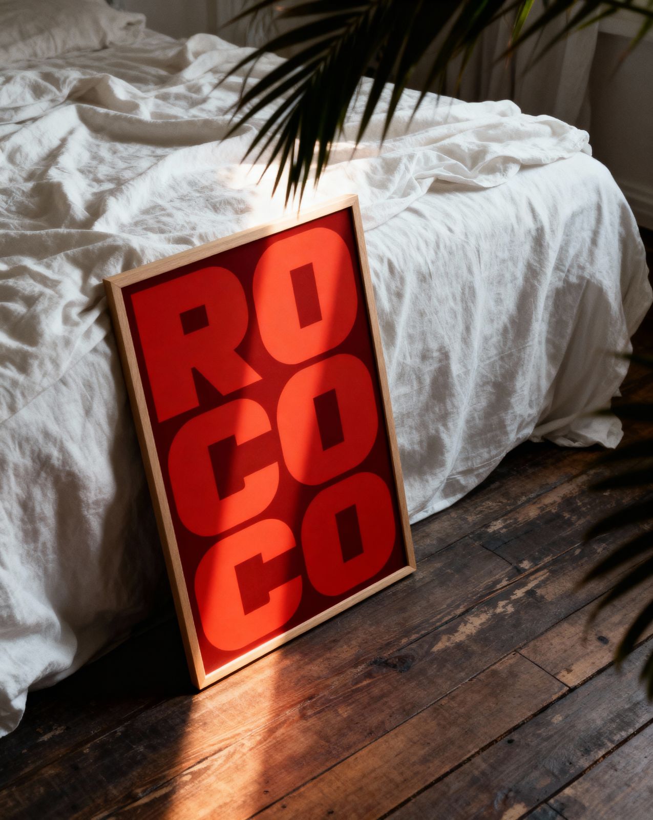 a red sign sitting on top of a wooden floor