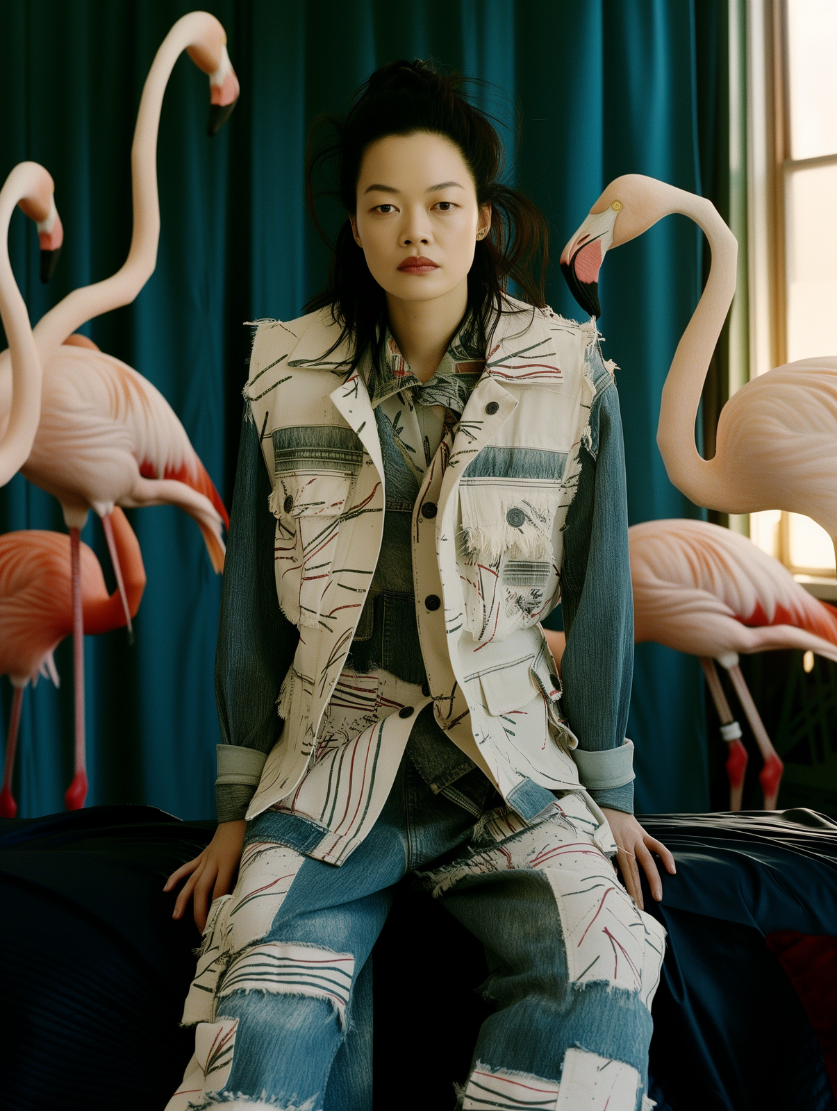 a woman sitting on a bed with flamingos behind her