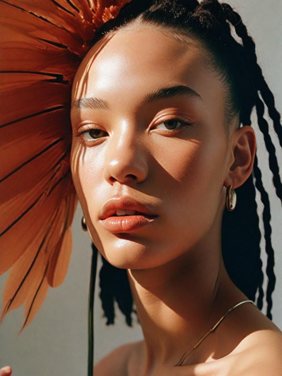 a woman with a large orange flower on her head