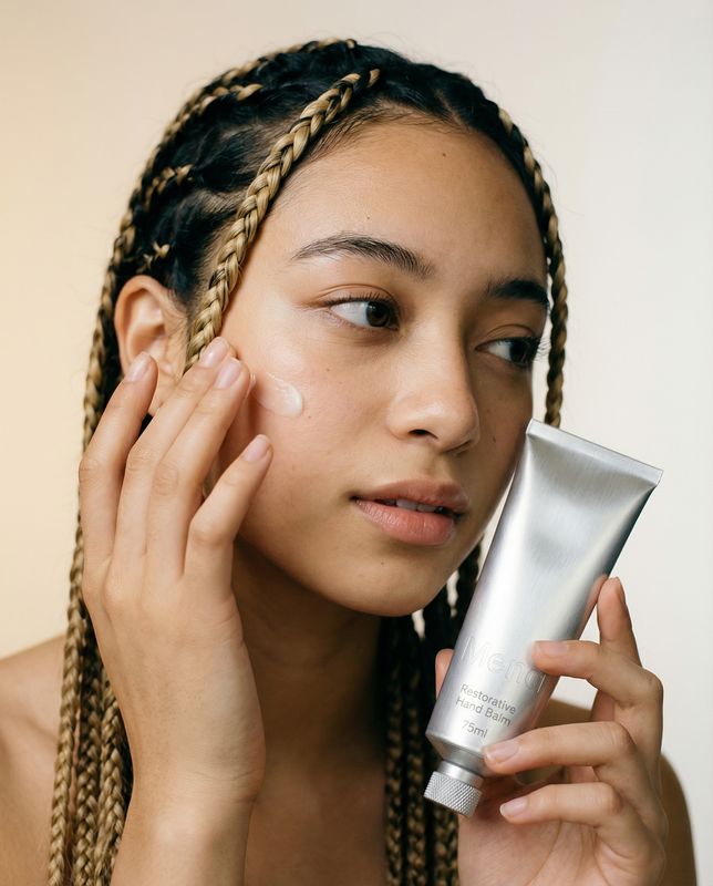 a woman holding a tube of cream in front of her face