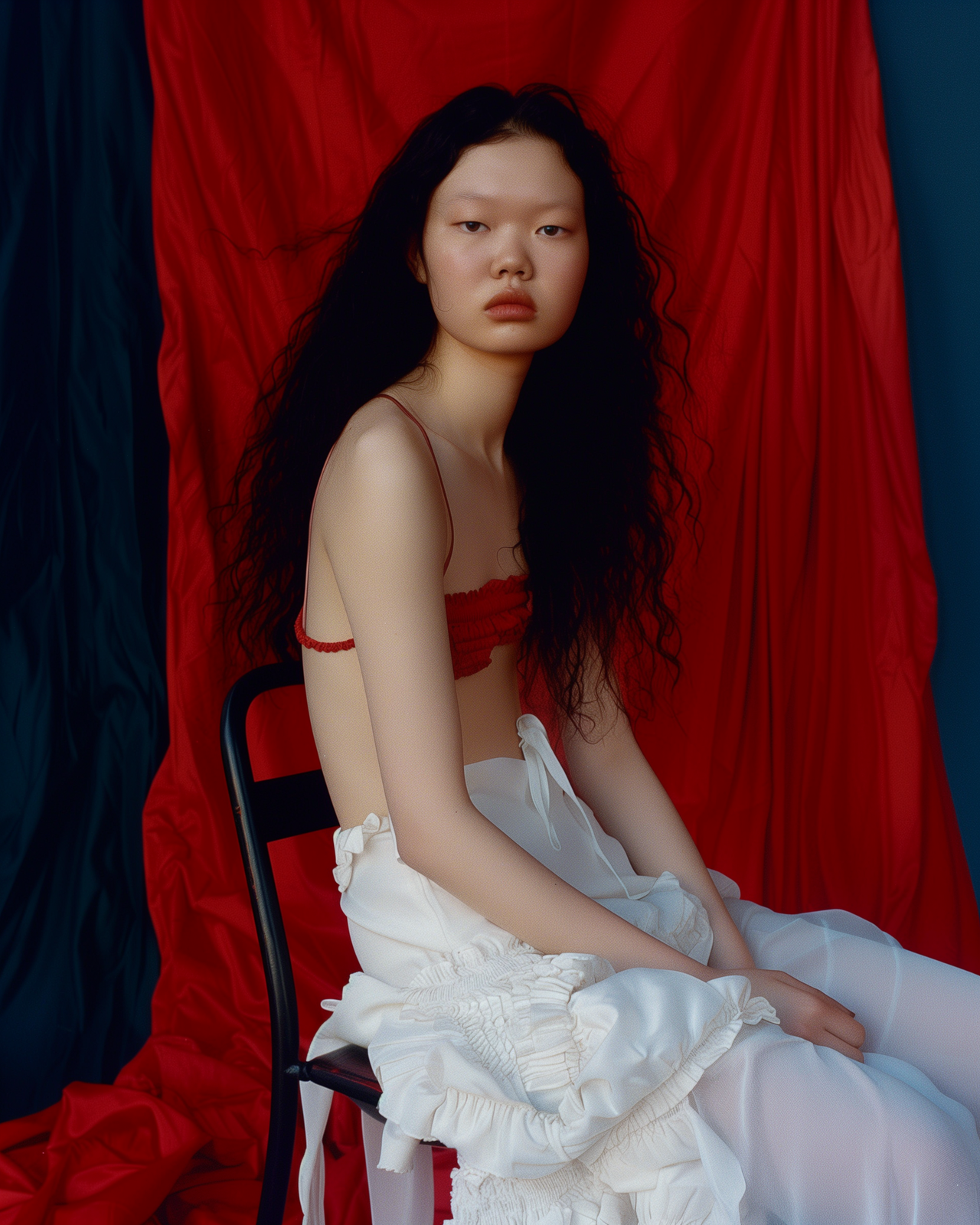 a woman in a white dress sitting on a chair