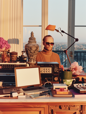 a man sitting at a desk in front of a laptop computer