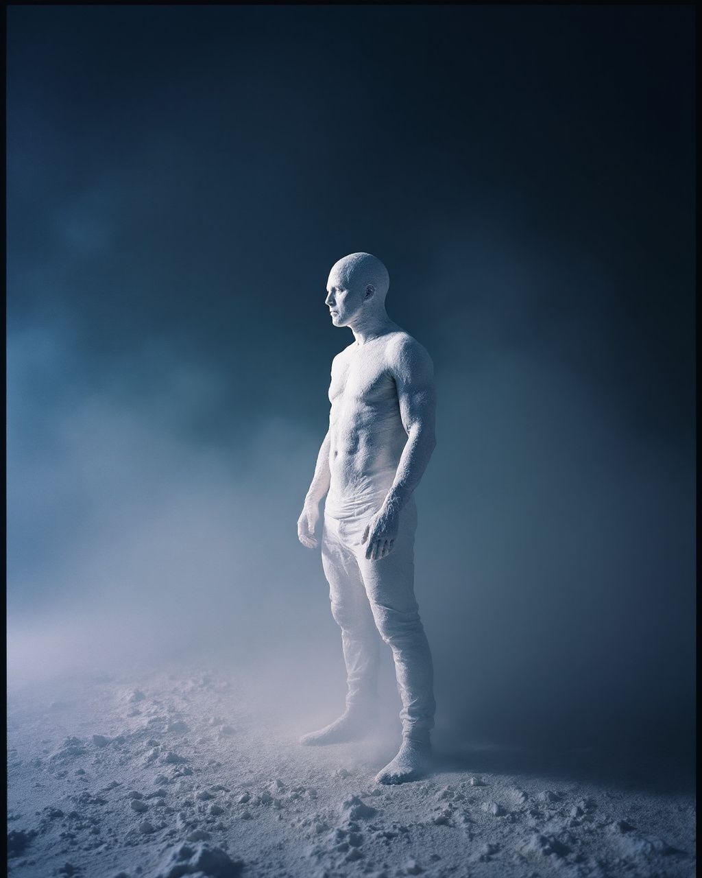 a white mannequin standing in the snow