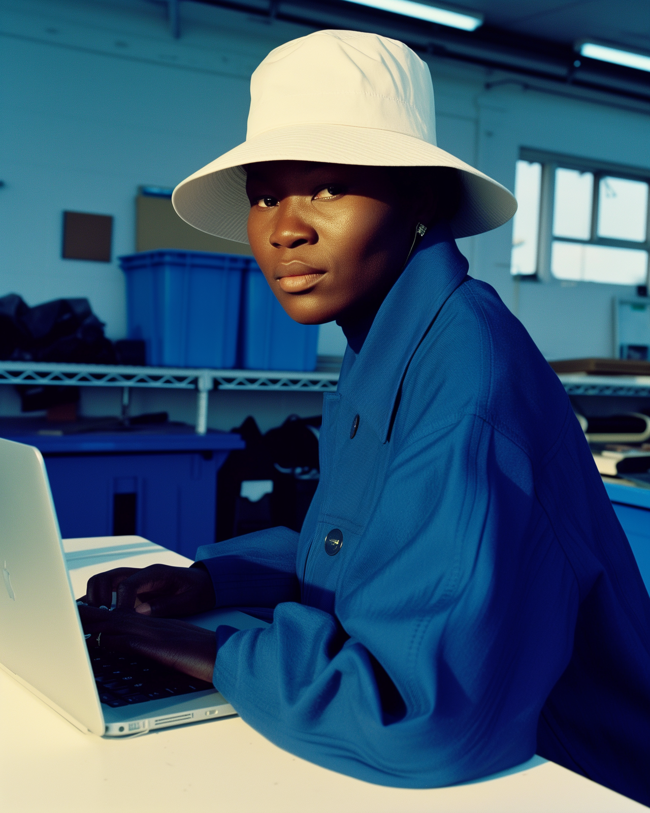 a woman sitting at a table with a laptop