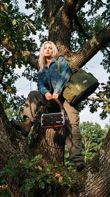 a woman sitting in a tree with a suitcase