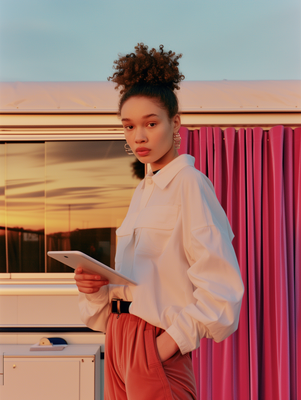 a woman standing in front of a window holding a tablet