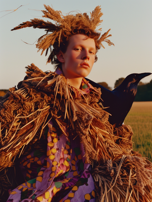 a woman with a bird on her shoulder