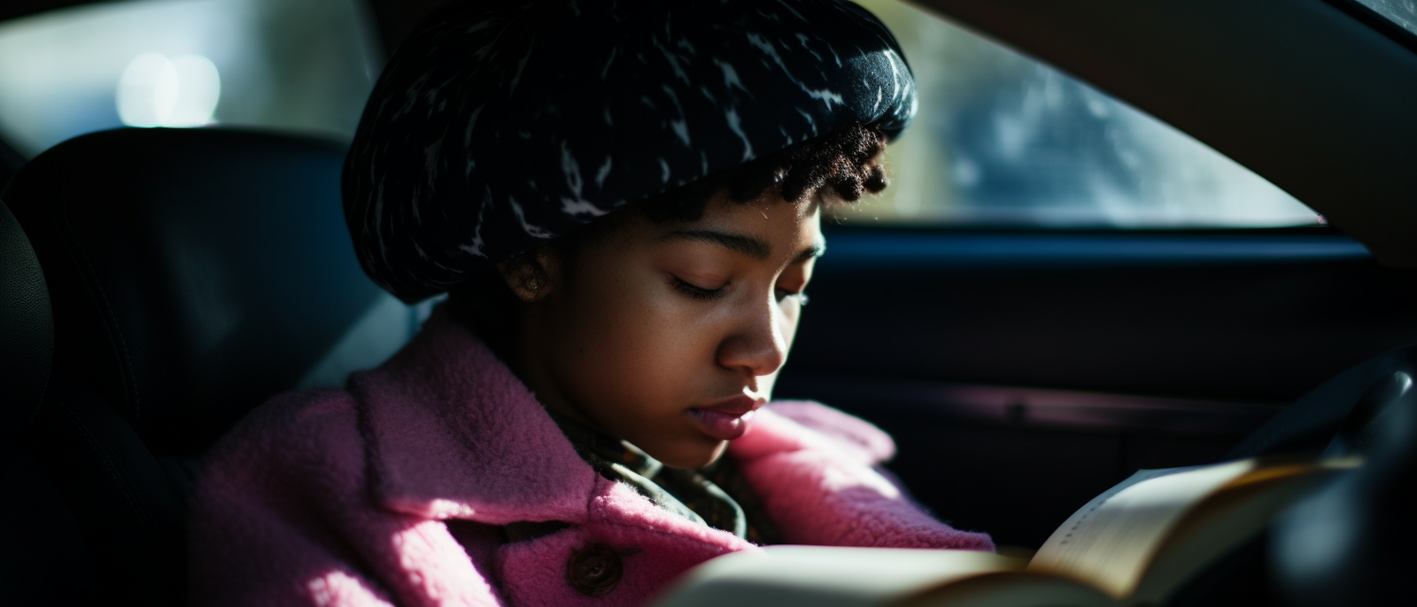 a little girl sitting in a car reading a book