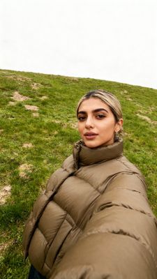 a woman laying on the ground in a puffy coat