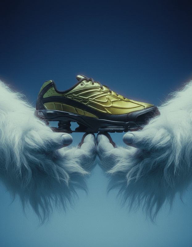 a pair of white fluffy legs holding a yellow shoe