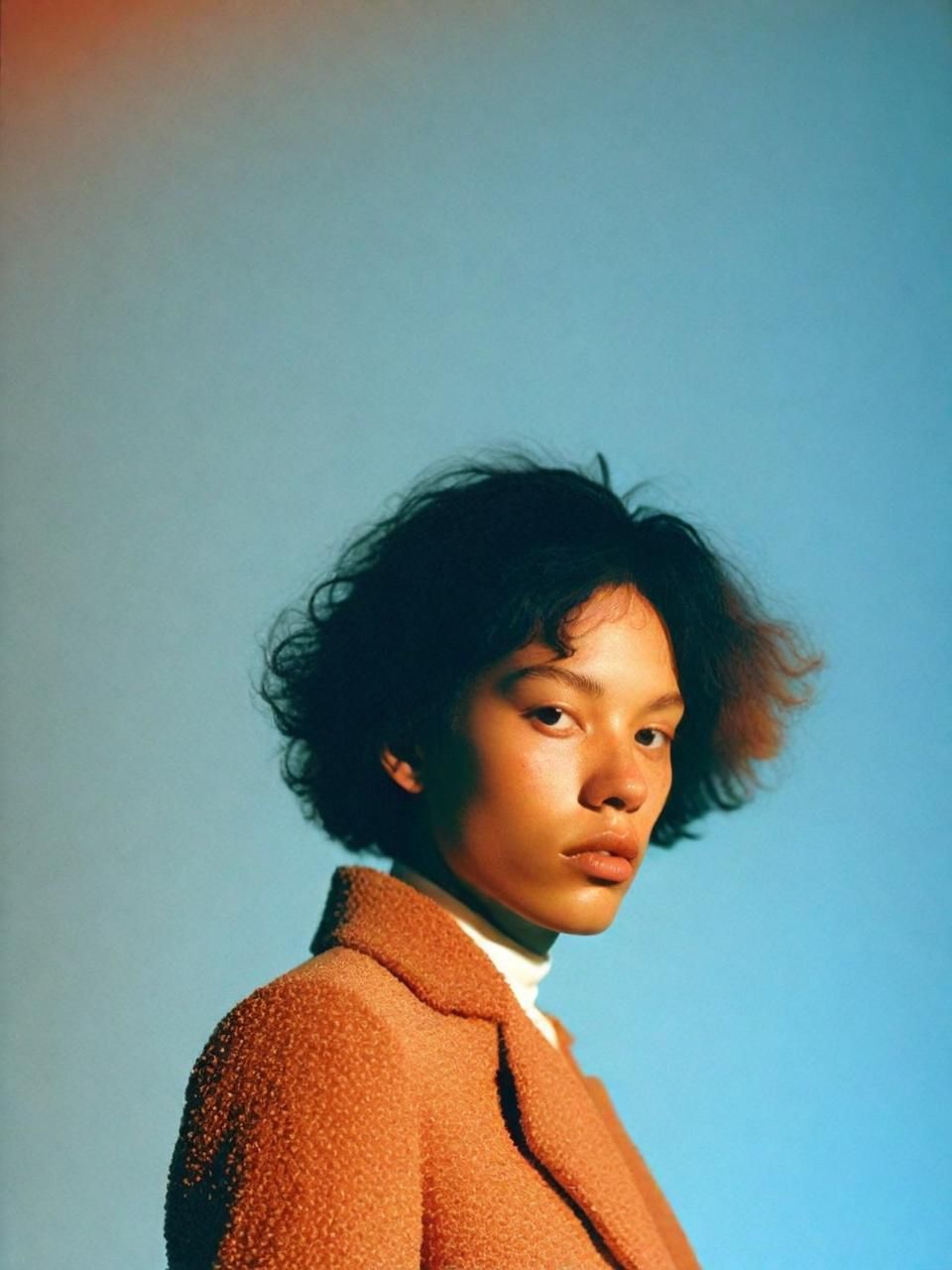 a woman with a brown jacket and white shirt