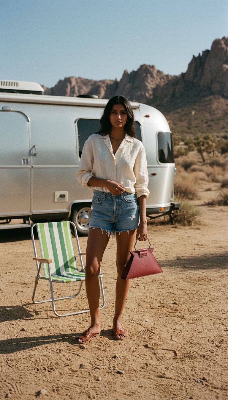 a woman standing in front of a camper