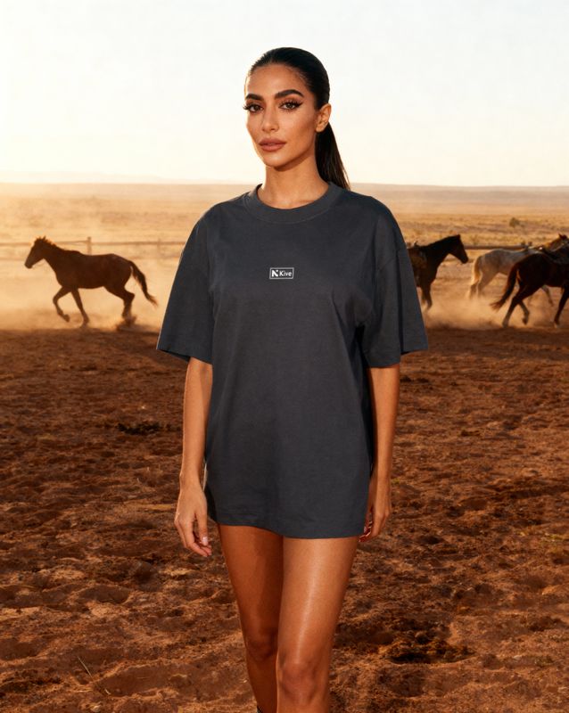 a woman standing in front of a herd of horses