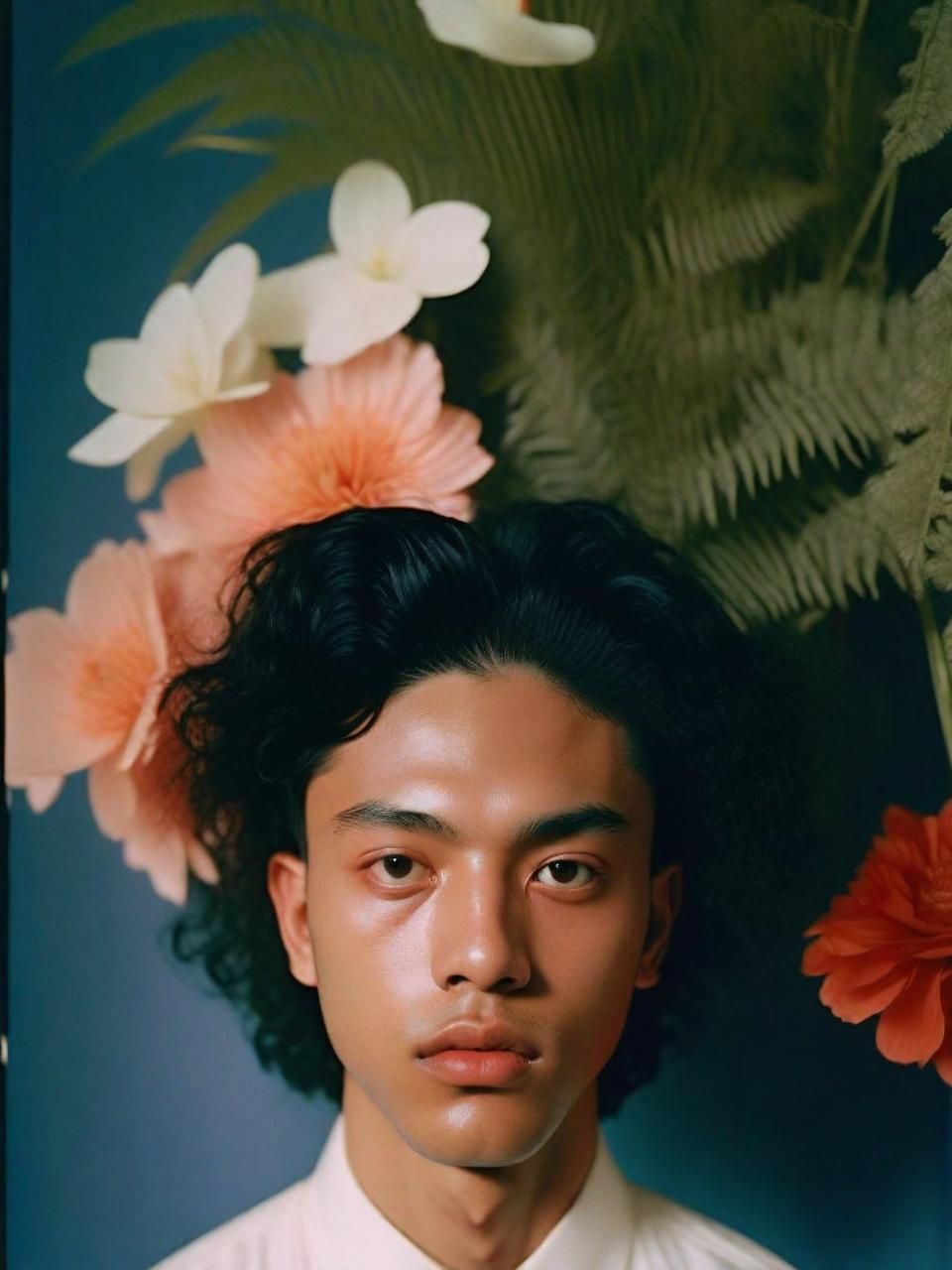 a man with a flower in his hair