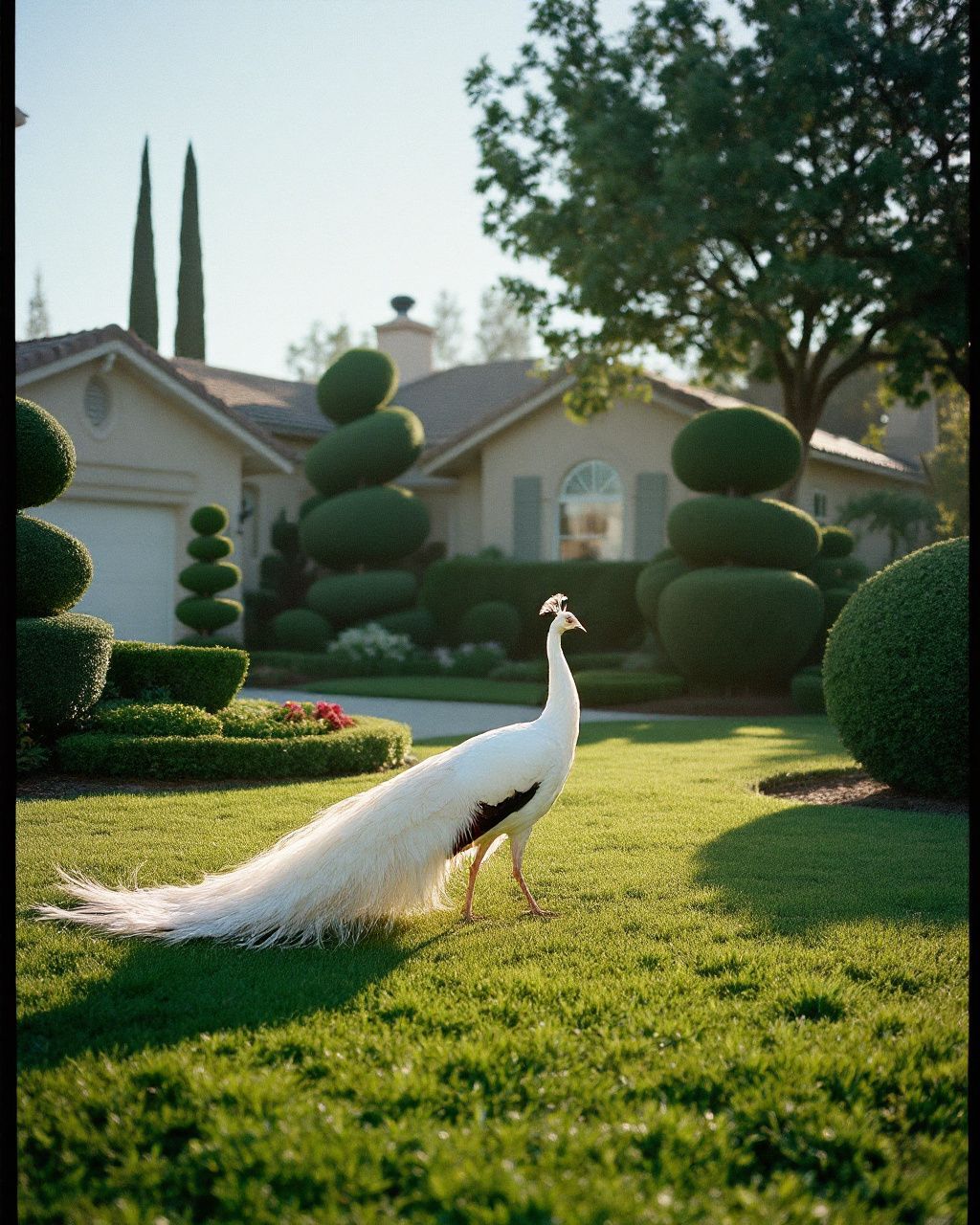 a white peacock standing on top of a lush green field