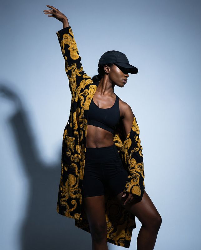 a woman in a black and yellow jacket and shorts