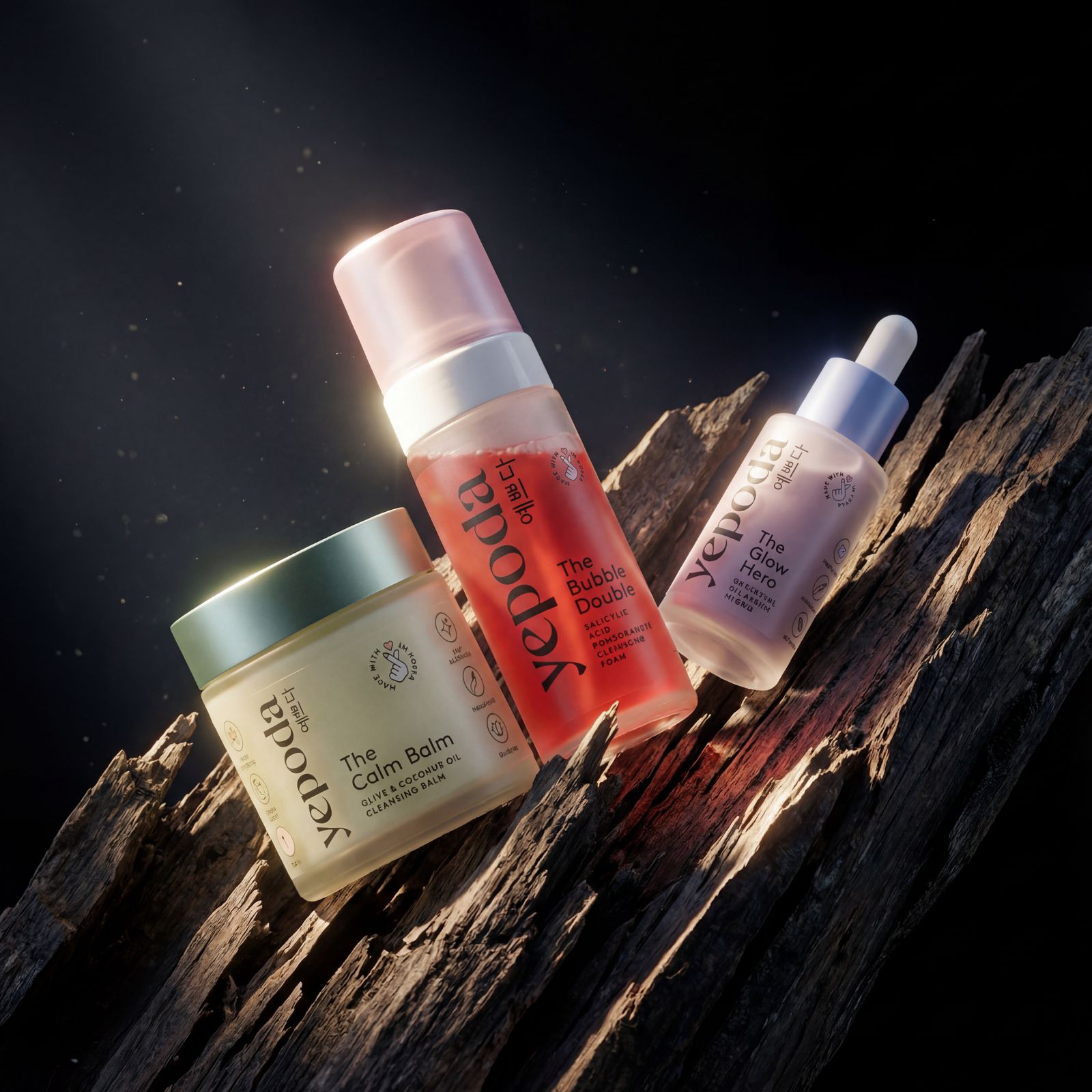 three bottles of body care sitting on top of a piece of wood