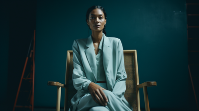 a woman sitting in a chair in a room