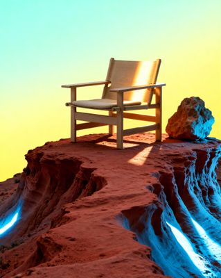 a wooden chair sitting on top of a cliff