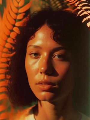 a woman with curly hair standing in front of a fern