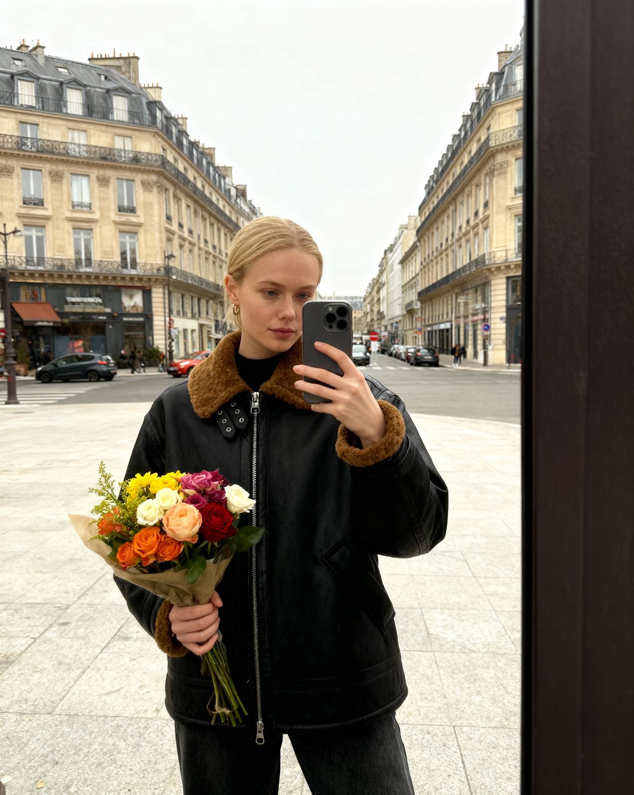 a woman taking a picture of herself holding a bouquet of flowers