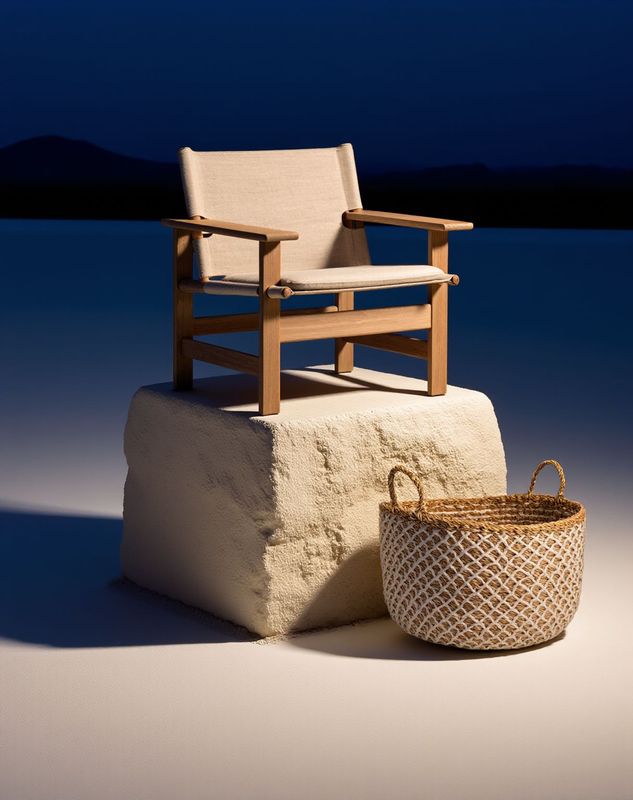 a chair sitting on top of a rock next to a basket