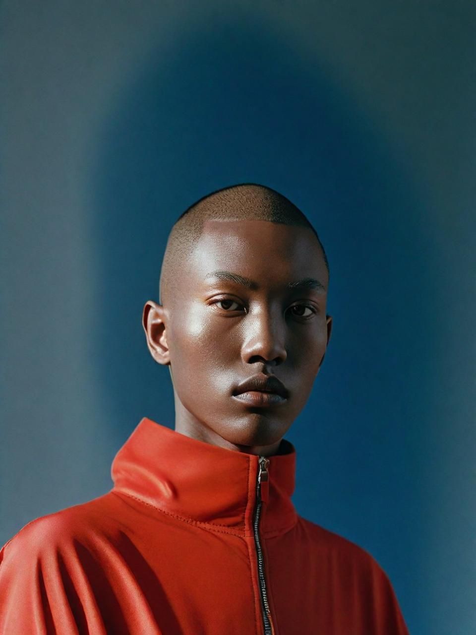 a man with a bald head wearing a red jacket