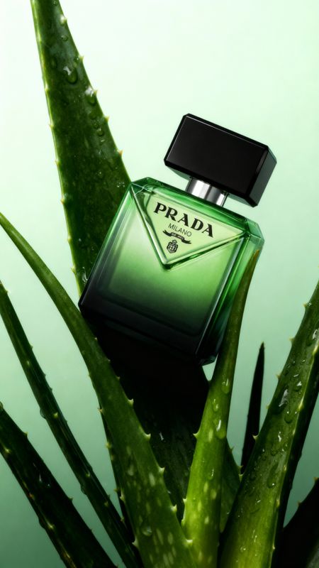 a bottle of perfume sitting on top of a plant