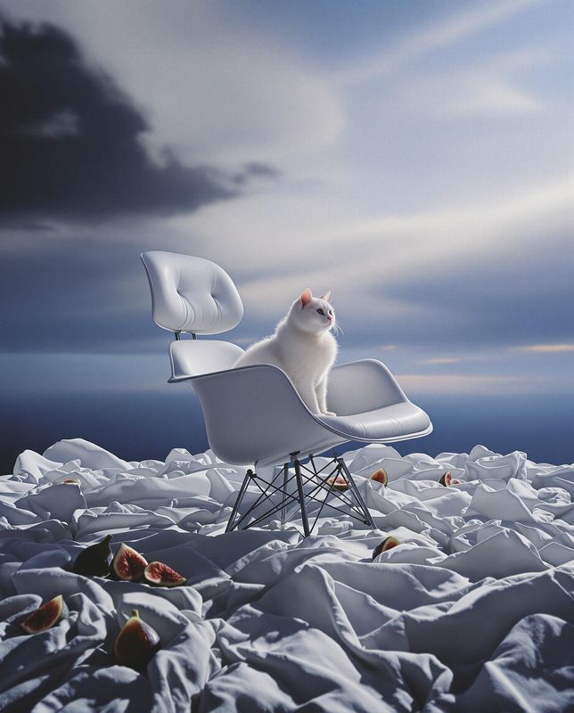 a white cat sitting on top of a white chair