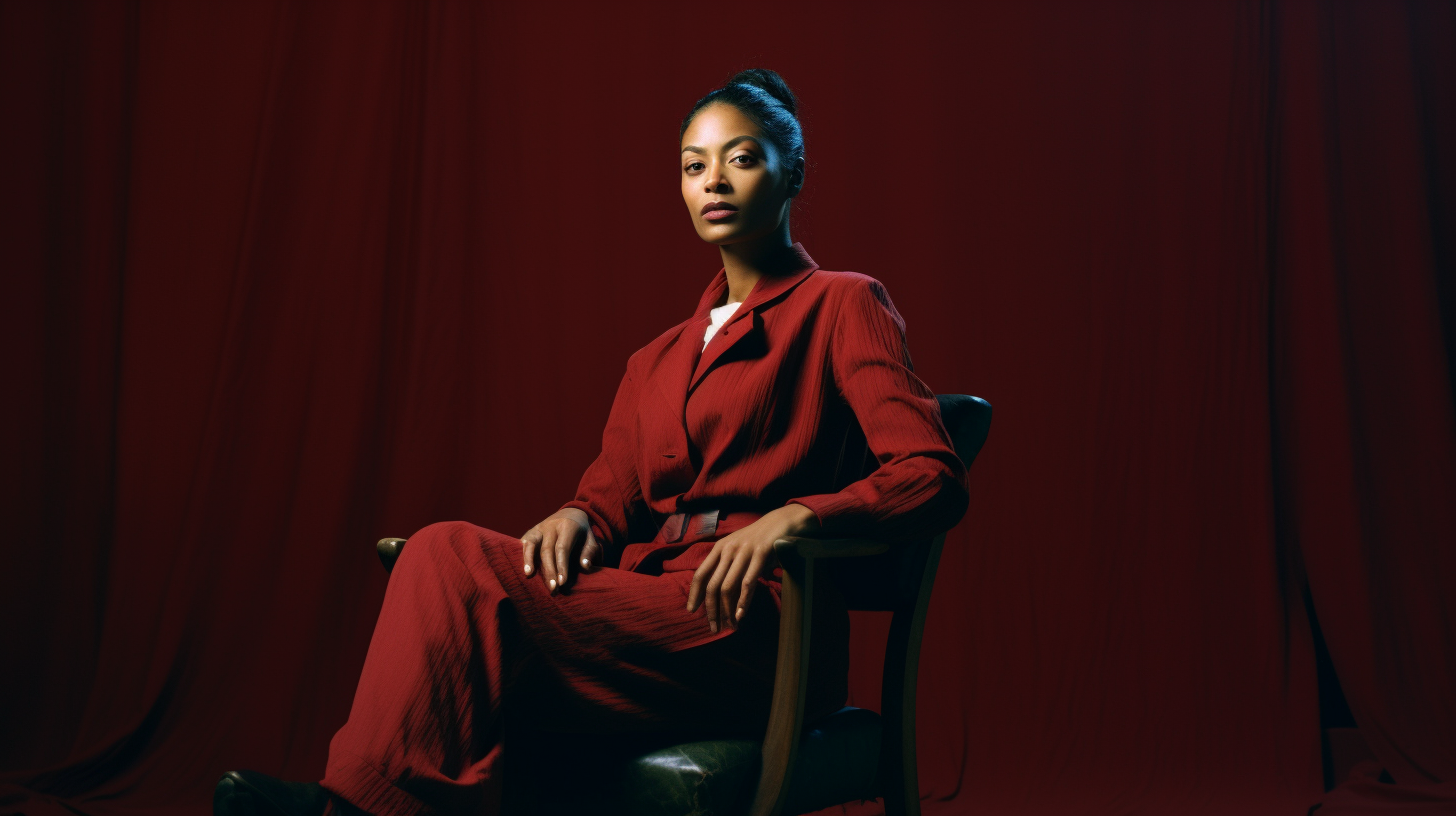 a woman sitting in a chair in front of a red curtain