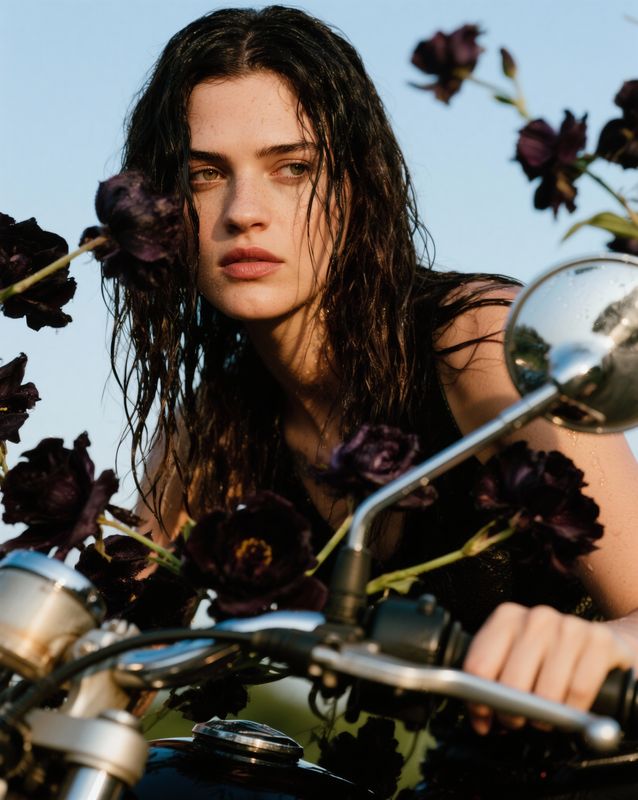 a woman with long hair sitting on a motorcycle